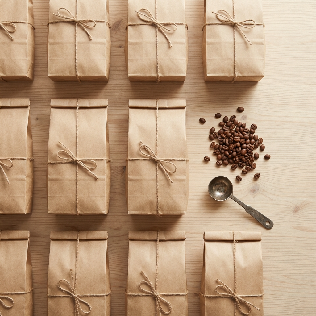 Home コーヒーパッケージと豆のフラットレイ