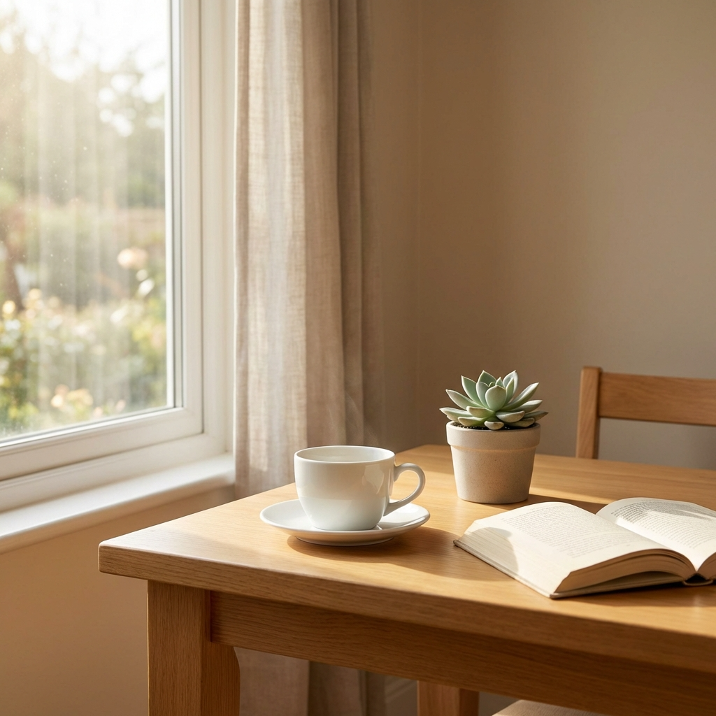 Home 窓辺の朝の光とコーヒーカップ