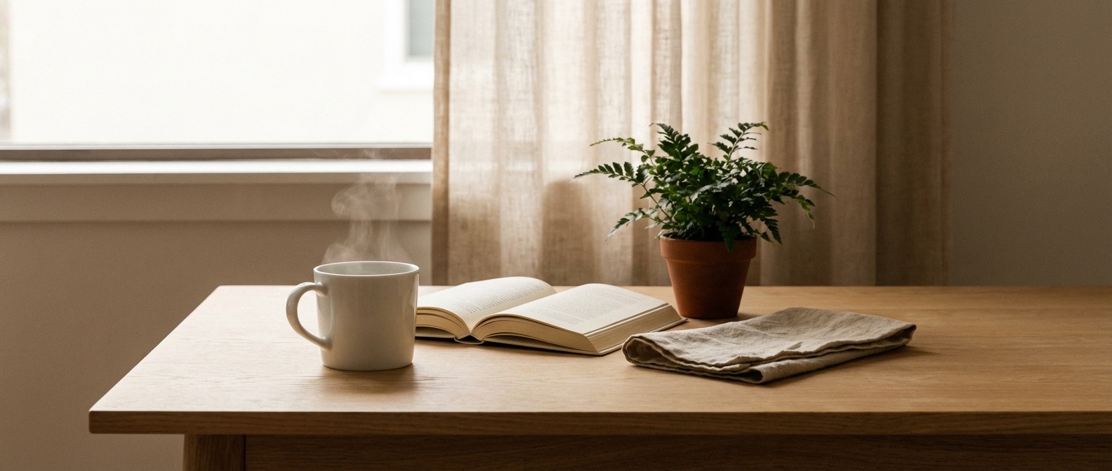 朝の窓辺、木のテーブル上のコーヒーと本と観葉植物