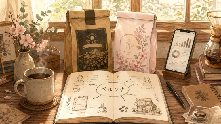 ペルソナと書かれたノートと2種類のコーヒーパッケージが並ぶ机のイラスト
