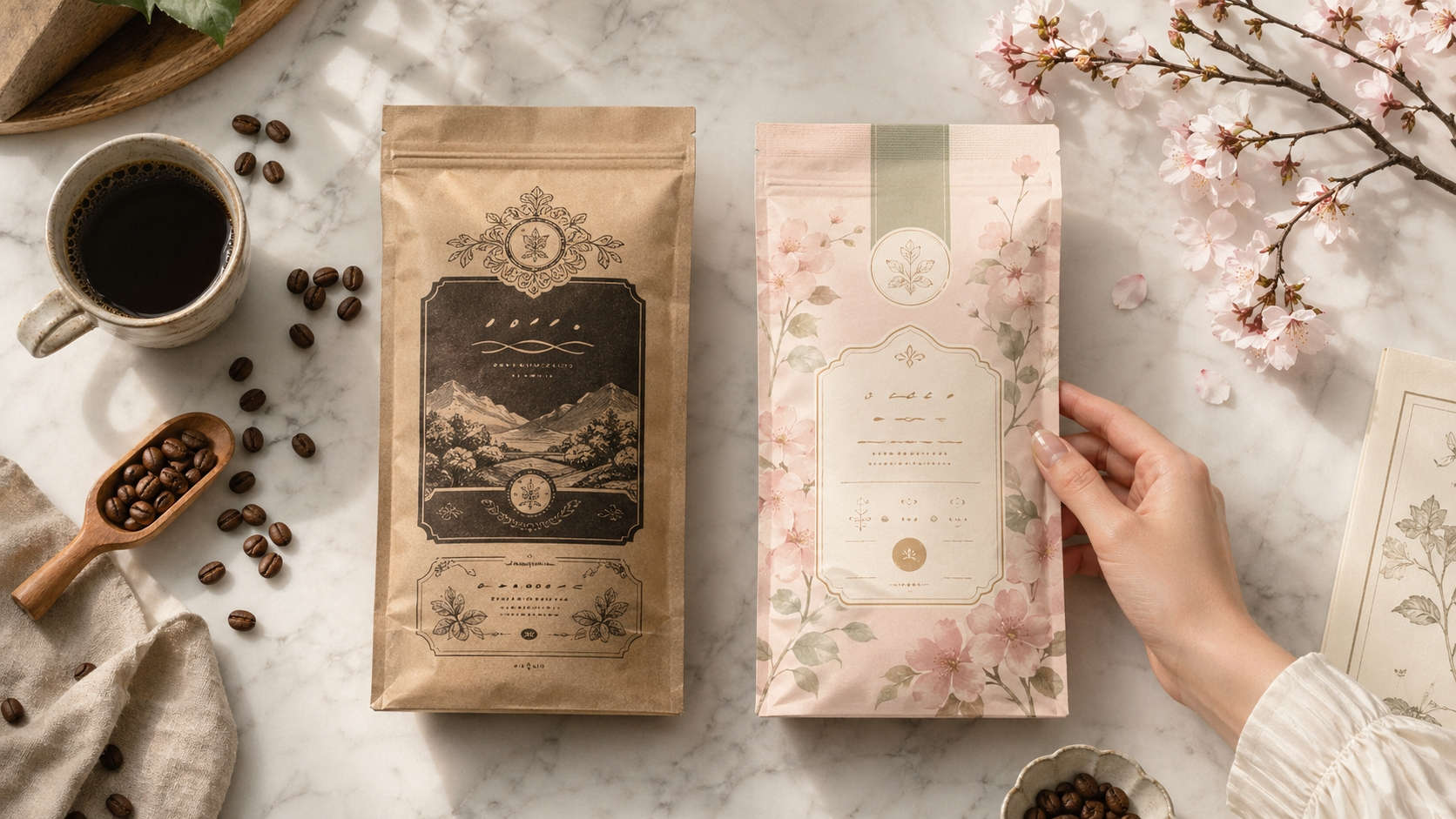 ヴィンテージ風と桜柄のコーヒーパッケージを並べて選ぶシーン