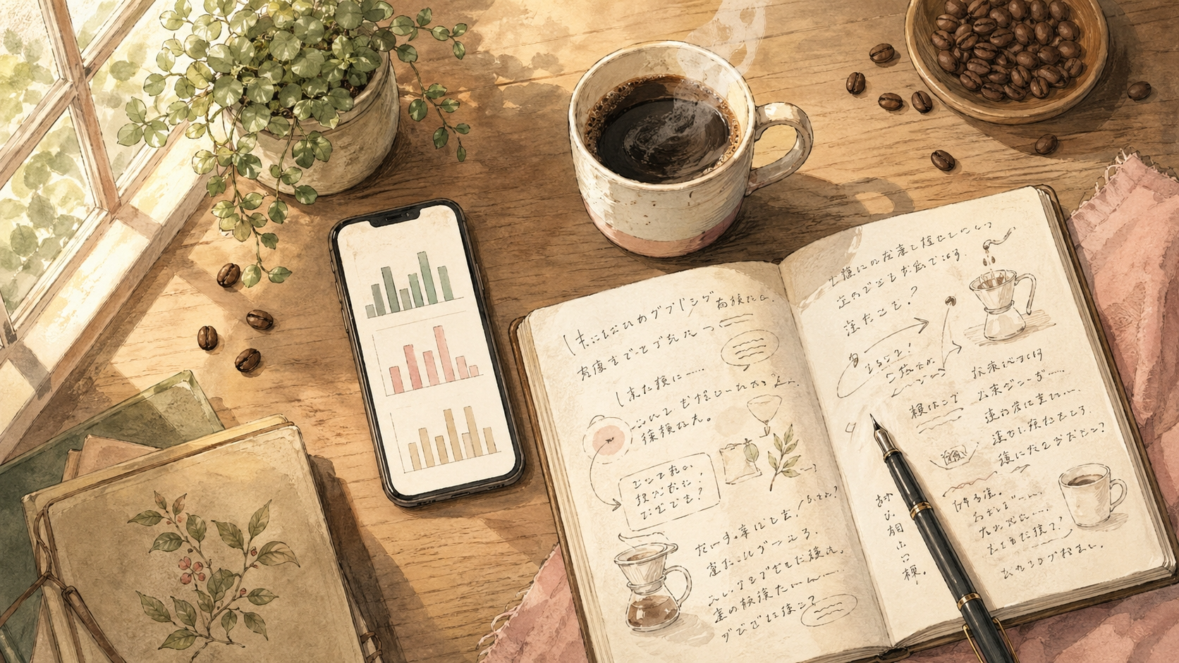 スマホでデータグラフを見ながらノートに手書きメモをする机のイラスト