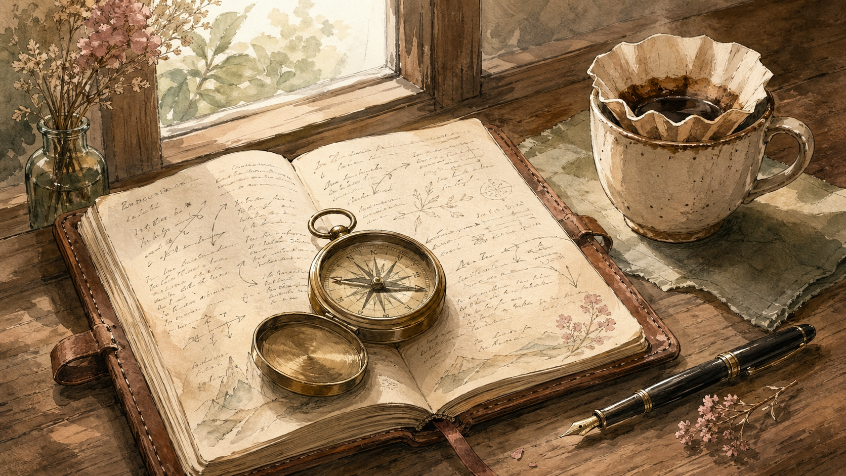 ノートの上に置かれた真鍮のコンパスとコーヒーのイラスト