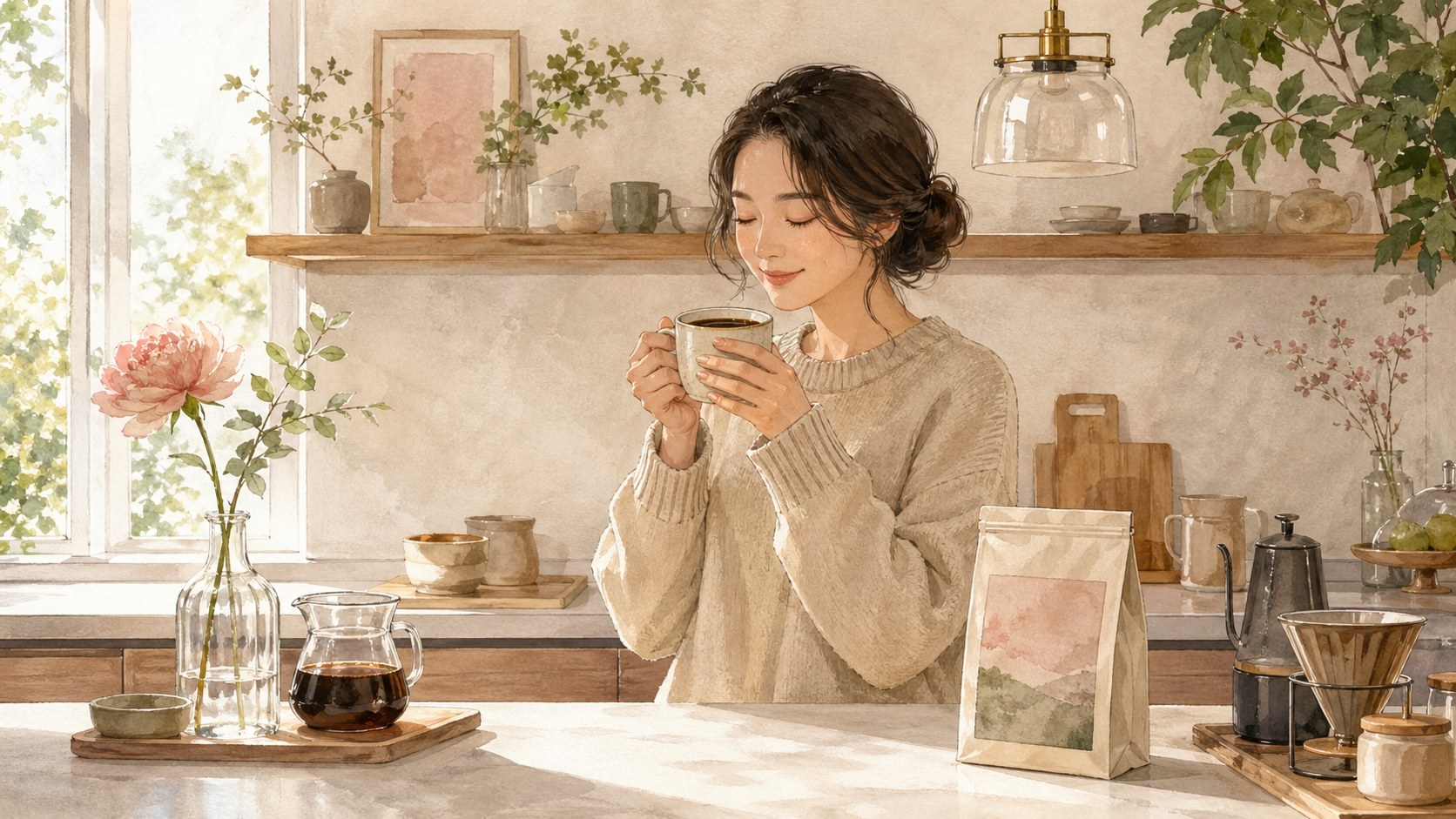 ベージュのニットを着た女性がコーヒーを楽しむキッチンのイラスト