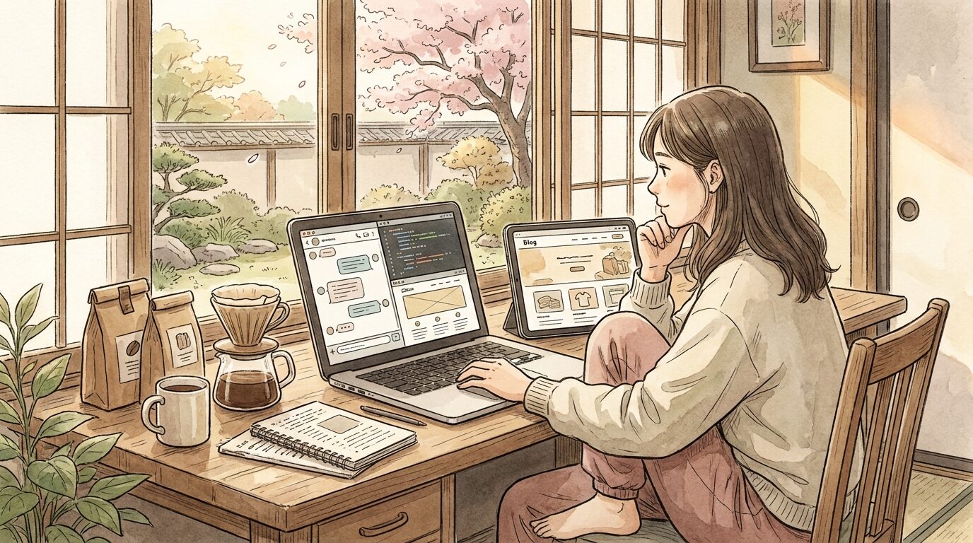 AIとチャットしながらブログとECサイトを一つにまとめたサイトを作っている人のイラスト