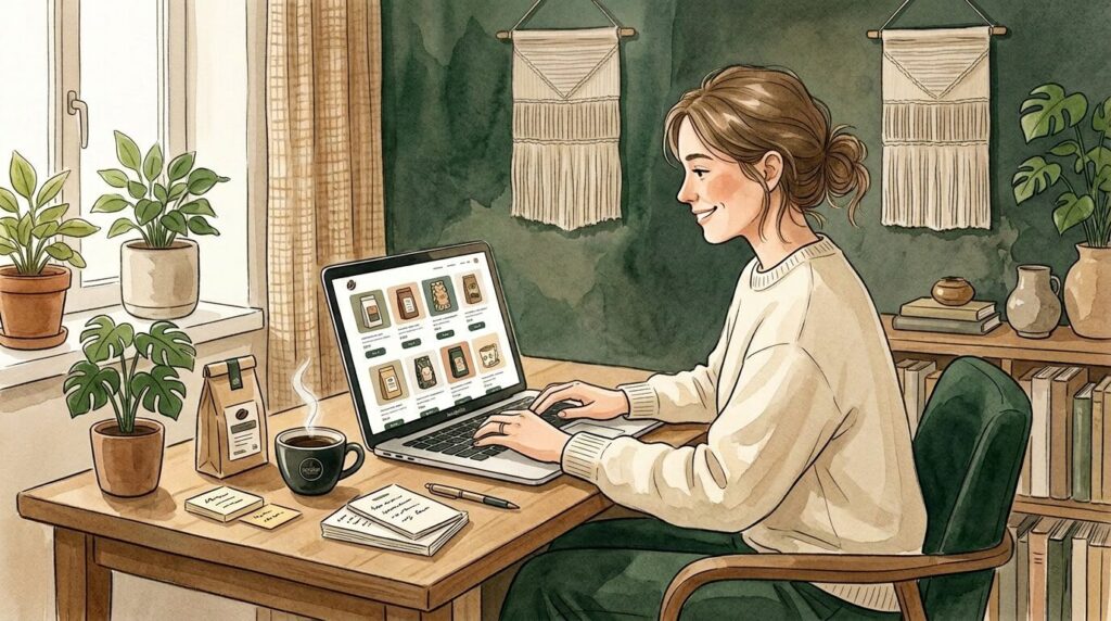 ノートパソコンでコーヒーショップのECサイトを制作している人と、机の上のコーヒーとコーヒー豆の袋のイラスト